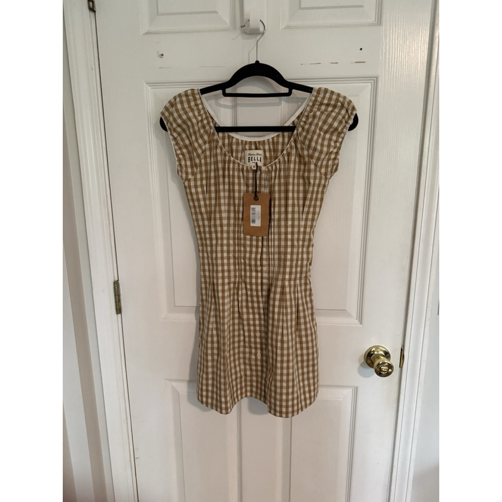 Frankies Bikinis Bella Mini Dress XS Brown Gingham NWT Puff Sleeve Malibu